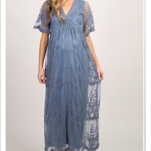 Blue Lace Mesh Overlay Maternity Maxi Dress NWT